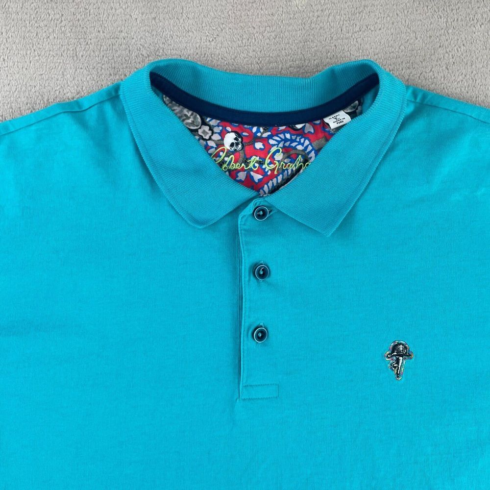 Robert Graham Polo Shirt Men Large‎ Blue Hat Applique Classic Fit Designer SS